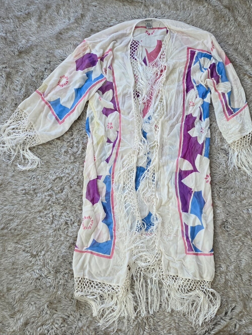 Ania A Boho Floral Fringe Silk Blend Kimono - White with Purple & Blue One Size